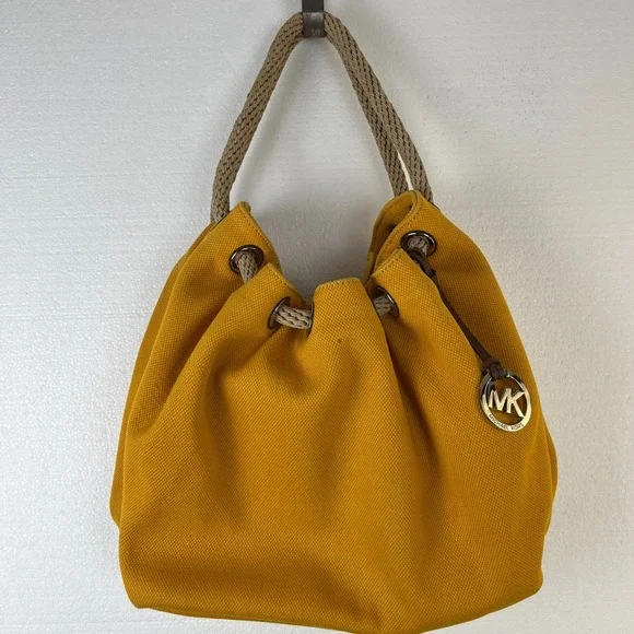 Michael Kors Marina Mustard Yellow Large Canvas Tote Handbag Rope Handle Hobo - Picture 1 of 16